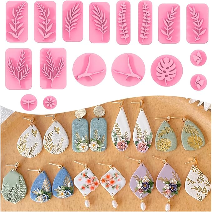 KEOKER Plant Clay Stamps - 17 Shapes Mirrored Cutter Stamps, Spring Polymer Clay Earring Tool