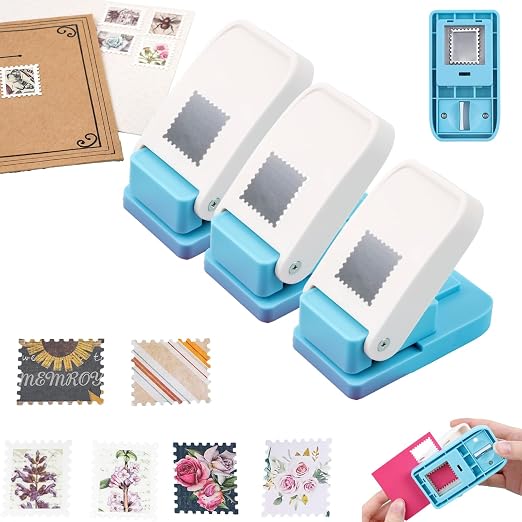 BAOFALI 3Pcs Stamp Puncher, 1X0.8inch Rectangular Postage Stamp Punch, Scalloped Rectangle Lever Action Paper Punches for Crafting, Scrapbooking, DIY, Journaling, Card Making