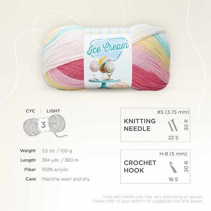 Lion Brand Yarn, Ice Cream Crochet Yarn, Tutti Frutti, Multicolor, 3 Pack