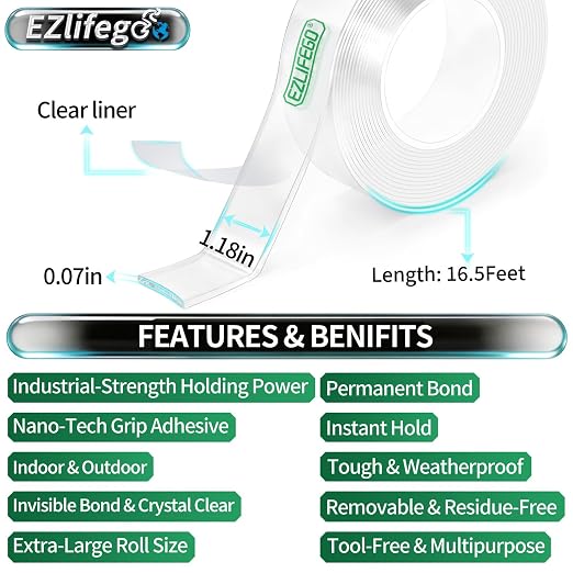 EZlifego Heavy Duty Invisible Bond Nano Double Sided Mounting Tape, 16.5FT