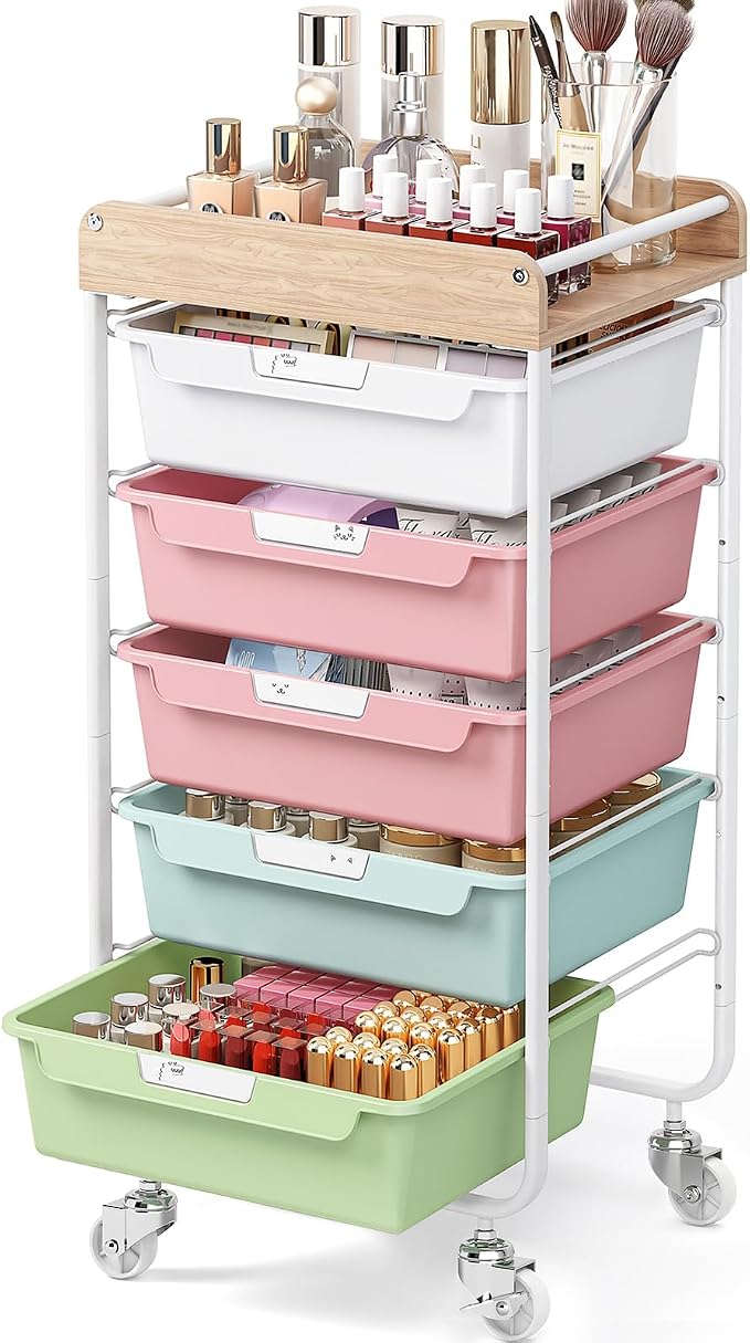 SYKIARIOL Utility Cart with Drawers,Craft Cart with 5 Drawers,Colorful | Art Supply Organizer,Rolling Drawer Cart,Craft Storage Cart,Storage Drawer Carts With DIY Lable and Wooden Tabletop Area