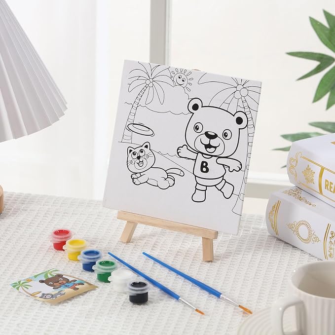 Tenceur 12 Sets Pre Drawn Canvas to Paint Adult Stretched Coloring Painting Canvas Panels with Design Easel and Brushes for Party Supplies Beginner Favor(Cute Style)