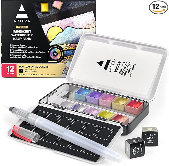 ARTEZA Metallic Watercolor Paint Set – 12 Iridescent Half Pans, Compact Travel Palette with Brush for Painting, Journaling & Mixed Media