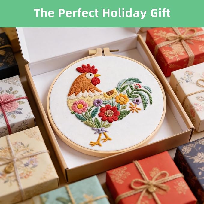 Herdiese Embroidery Kit for Beginners & Adults, Rooster Flower Cross Stitch | Stamped Cross Stitch Kit Including Fabric, Hoop, Threads, Needles & Instructions, Complete DIY Hand Sewing Craft Set