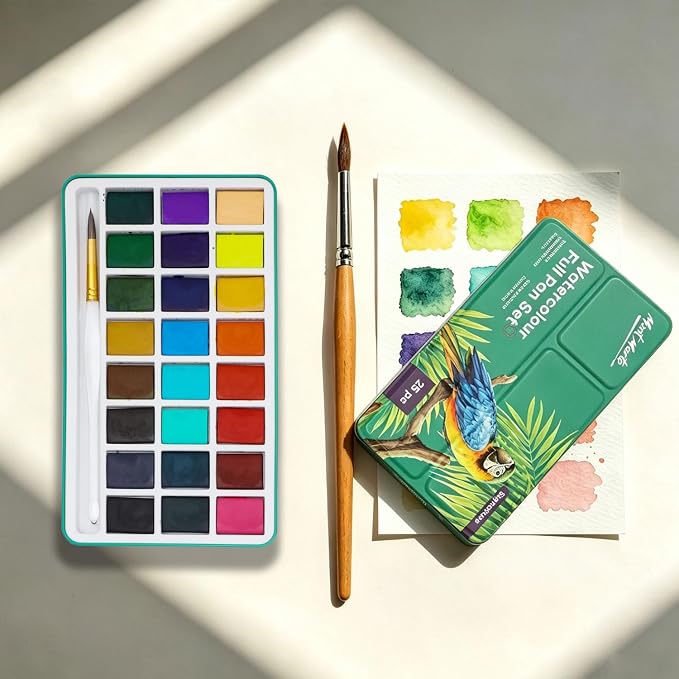 Mont Marte Watercolor Set Full Pan Signature in Tin, Vibrant 24 Colors, Multi-Color with Translucent Finish, Portable Watercolor Set