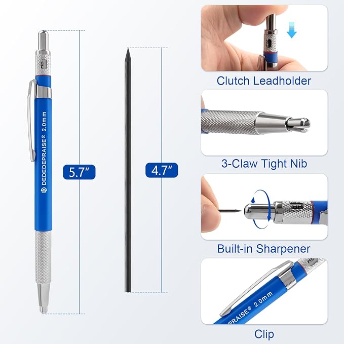 2.0mm Mechanical Pencil Lead Holder with Clip 2.0mm Pencil Metal Mechanical Clutch with Built-in Sharpener Automatic Graphite Lead Pencil for Construction, Draft Drawing, Art Sketching 2PCS