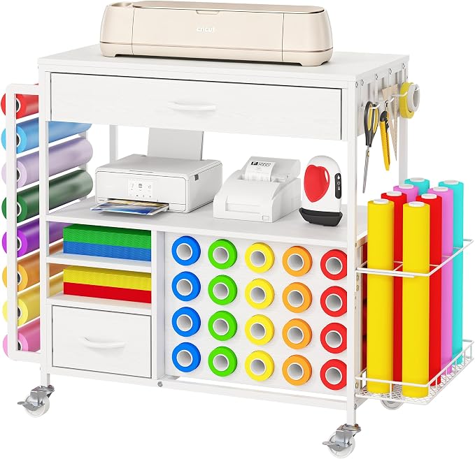Rolling Craft Storage Cart,Table for Cricut Machines,36 Vinyl Roll Holders