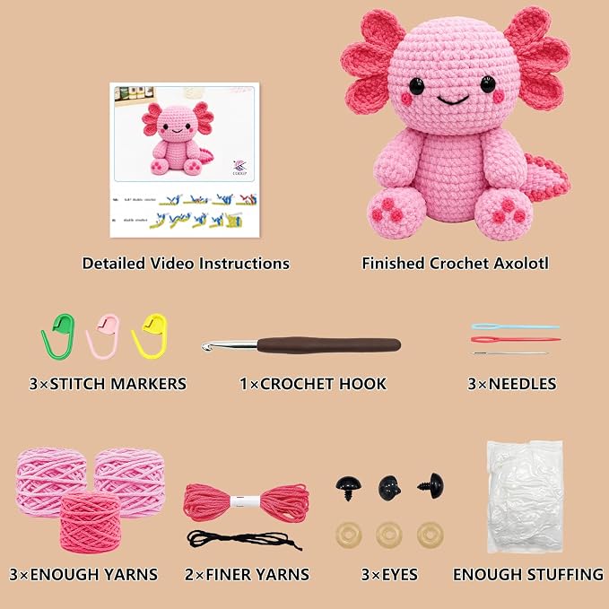 CODGP Crochet Kit for Beginners, 11-Inch Axolotl Crochet Kit for Adults | Crochet Starter Kit Gift, Animal Amigurumi Kit, Durable Chenille Yarn, Full Supplies, Step-by-Step Videos, for Crochet Lovers