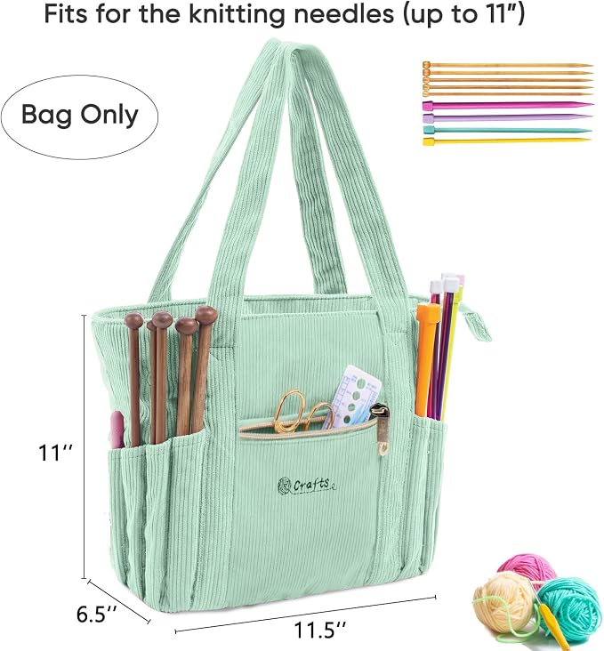 MYBAGZING Corduroy Crochet Bag 11.5" Large Yarn Storage Tote with Grommets, Needle Holders – Knitting Bag Organizer for Crochet Hooks, Accessories, Tools & Projects –Gift for Knitters & Crafters