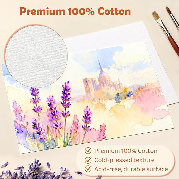 36 Sets Flat Watercolor Cards with Envelopes & Seals – 4 x 6 Inches Pure Cotton 300gsm Cold-Pressed Acid-Free Paper for Mother's Day, Wedding, Graduation, Thank You Notes & Postcards