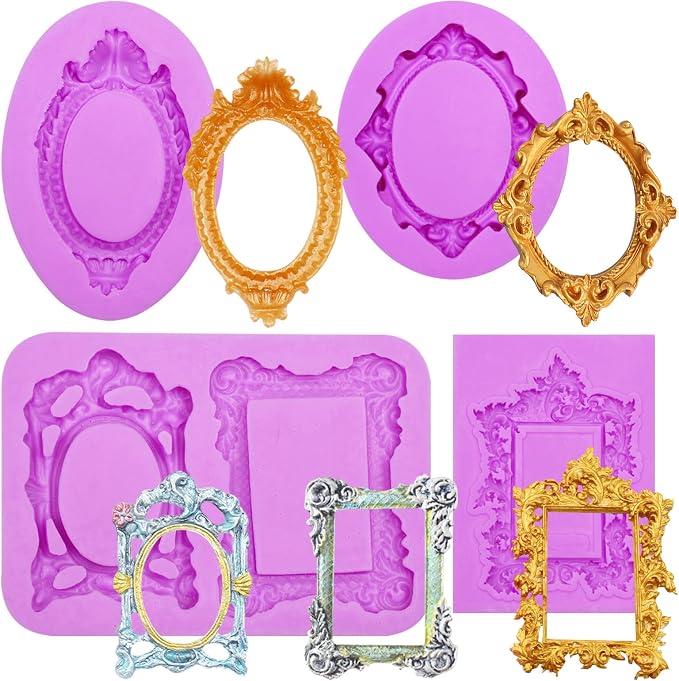 Silicone Frame Chocolate Molds, Vintage Ornate Picture Frame Fondant Molds, for Resin Casting Crafts Cake Decoration Set of 4
