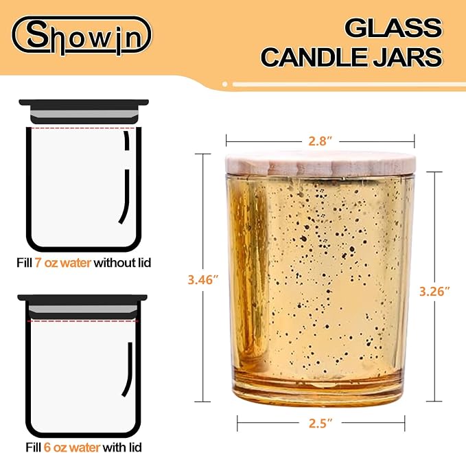 SHOWIN Thick Candle Jars for Making Candles 12 Pcs, 7 OZ Empty Jars with Wood Lids for Candle Making, Sample Container, Gold