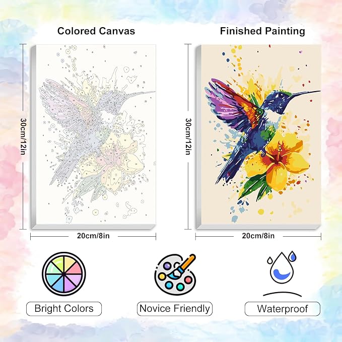 Framed Paint by Numbers Kit for Adults Beginner & Kids Ages 8-12, Hummingbird Paint by Numbers With Frame, DIY Watercolor Number Painting for Adults Hummingbird for Home Wall Decor Gift 8x 12 inch | For Adults Beginner & Kids Ages 8-12, With Frame Canv...