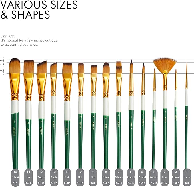 18 Piece Paint Brush Set, ARTIFY 15 Acrylic Paint Brushes, Palette Knife, and 2 Sponges, Professional Artist Paint Brushes for Acrylics, Watercolors, Gouache, Canvas, and Face Painting, Green