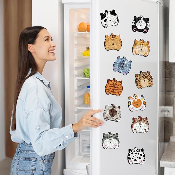 Zonon 12 Pcs Cat Diamond Art Magnets for Fridge Kitty Decor Kits | Cute Kitty Shapes with Diamond Painting Sparkle, Magnetic Stickers for Home Decor, Pre-finished Art Ready for Adults