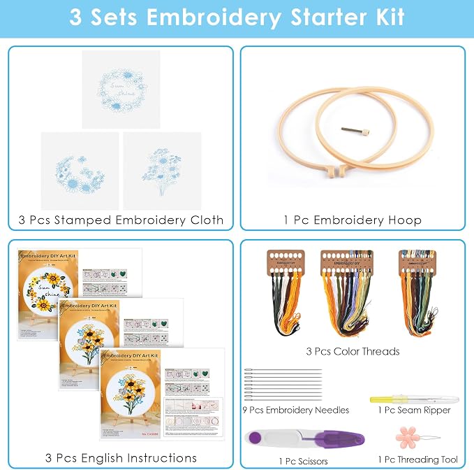 ERKOON 3 Sets Embroidery Kit, Floral Cross Stitch Set for Include Embroidery Cloth Hoops Threads for Craft Lover Hand Stitch (Sunflower)