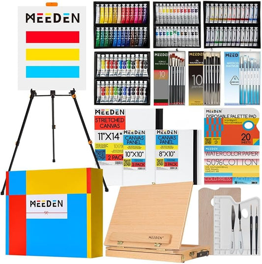 MEEDEN 142 PCS Painting Kit: Art Supplies with Aluminum & Tabletop Easel | Painting Set for Adults Artists Beginners - All in One Art Supplies with Acrylic Oil Watercolor Gouache Paints Canvas