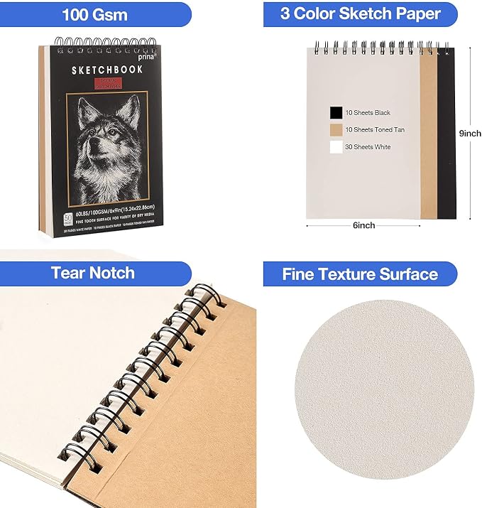 Prina 50 Pack Drawing Set Sketch Kit, Sketching Supplies with 3-Color Sketchbook, Graphite, and Charcoal Pencils, Pro Art Drawing Kit for Artists Adults Teens Beginner Kid, Ideal for Shading, Blending