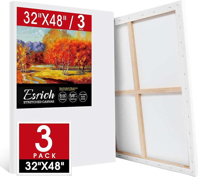 ESRICH Stretched Canvas for Painting 32x48 Inch, 3Pack Large Canvas for Painting, Primed Acid-Free Cotton Blank Canvases, Art Paint Canvases for Oil Paint,Watercolor,Acrylic Paint,Gouache and Tempera.