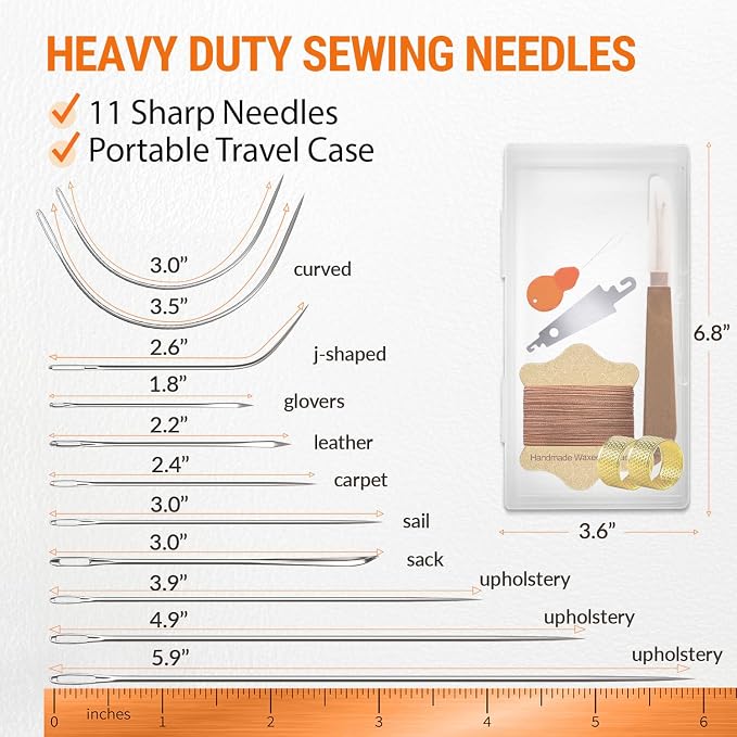 VONEEDL Upholstery Repair Kit: Waxed Sewing Thread (Brown Color) & Heavy Duty Needles (11 PCS) for Leather, Canvas & Quilting Thread