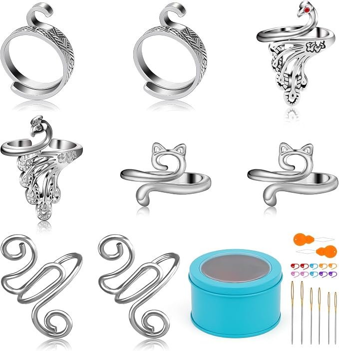 8 Pcs Crochet Ring, Adjustable Crochet Ring for Finger, Tension Rings | FOUSNOW Cat Yarn Guide Yarn Knitting Thimble, Faster Knitting Crocheting Accessories for Mother Grandma