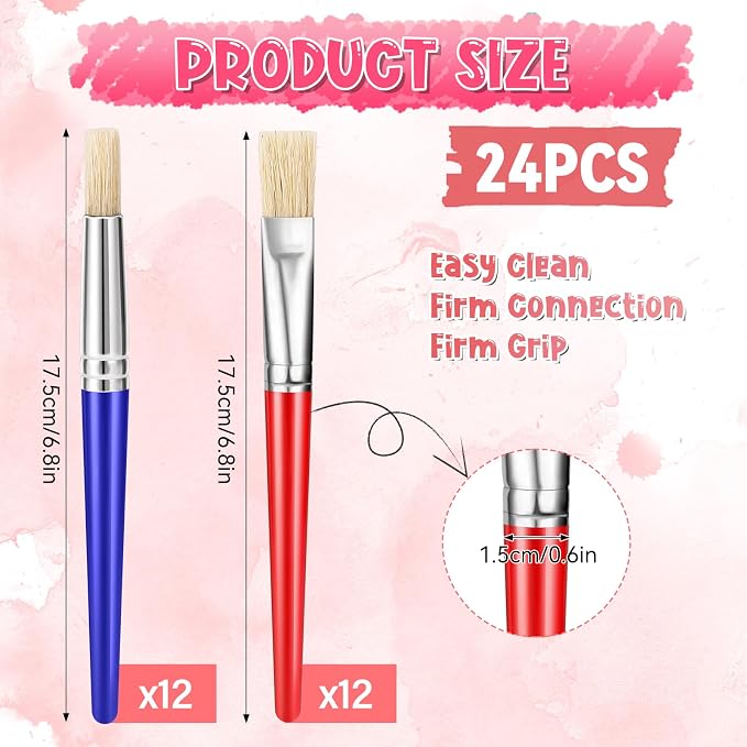 24 Pack Paint Brushes for Kids, Chubby Large Round and Flat Brushes | Easy Clean and Hold Toddler Paint Brushes for Acrylic Oil Watercolor Washable Paint