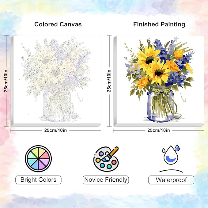 Yezavesu Flower Framed Paint by Numbers Kit for Adults Beginner & Kids Ages 8-12, Flowers Paint by Number Without Easel, DIY Adult Paint by Numbers Sunflower for Home Wall Decor Gift 10x 10 inch | With Frame Canvas 10x10 IN, Without Easel, DIY Acrylic ...