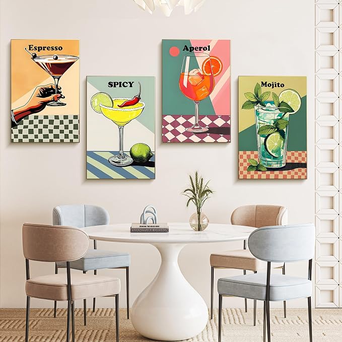 4 Pack Framed Paint by Numbers Kit for Adults with Wooden Easel, 8x12 Inch | Retro Cocktail, Easy DIY Acrylic Canvas Craft Kit with Frame for Beginners, Home Decor, Stress Relief Relaxing Hobby Gift