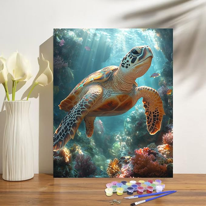 Sea Turtle Paint by Numbers Kit for Adults Beginner Animal Oil Painting Kit Adult Paint by Number Kits on Canvas DIY Painting for Beginners Art by Numbers Turtle for Gifts Home Wall Decor 16x20 Inch