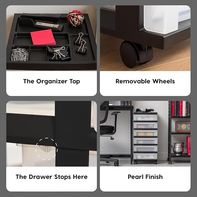 IRIS USA 6-Drawer Rolling Storage Cart with Organizer Top, Black/Pearl
