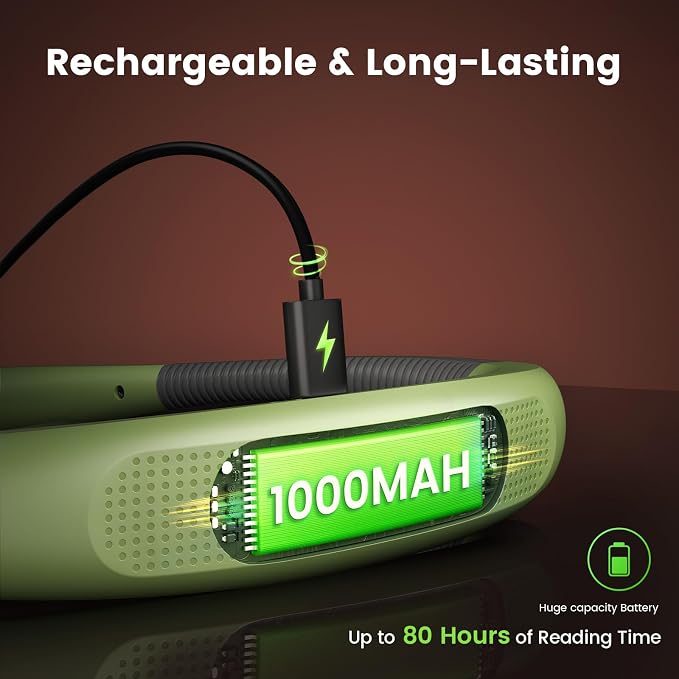 Glocusent Reading Light LED Neck Light,80-hr Rechargeable Book Light | 3-Color&6-Brightness,USB-C,Green Neck Reading Light,Women,Travel,Portable,Repairing,Crochet,Christmas,Book Lovers Gifts