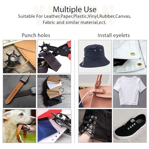 Leather Hole Punch Tool for Belt - Multi Hole Sizes Puncher for Belts, Watch Bands, Straps, Dog Collars, Saddles, Shoes, Fabric, DIY Home or Craft Projects - with 5/32" Grommet Eyelet Kit 100 Sets