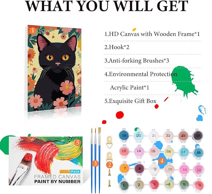 Fountor Framed Paint by Numbers Kit for Adults Beginner 8x12 in, Black Cat