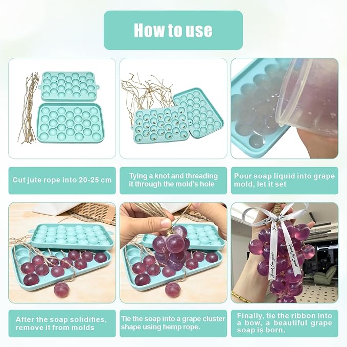 DIY Soap Making Kit, 2 Pack Grape Soaps Silicone Molds with Jute Rope