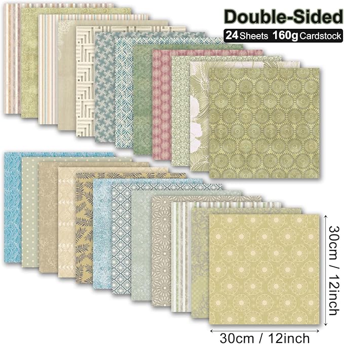 Spring Scrapbook Paper Vintage Green Vine Patterned Paper Pad 12×12,24 Sheets Double-Sided Bobo Floral Scrapbooking CardStock Papers Pad for Holiday Cardmaking DIY Origami Papers.