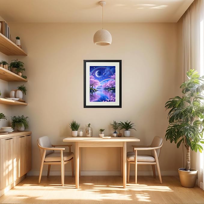 PINFFSHU 5D Diamond Painting Kits for Adults - Fantasy Starry Sky, Pink Cherry Blossoms & Magical Moonlit Rainbows DIY Full Drill Art, Sparkling Enchanted Landscape Wall Decor 12x16 Inches (30x40cm)