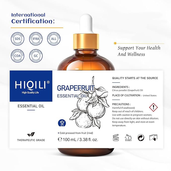 HIQILI Grapefruit Essential Oil for Skin Care, DIY, Diffuser & Aromatherapy