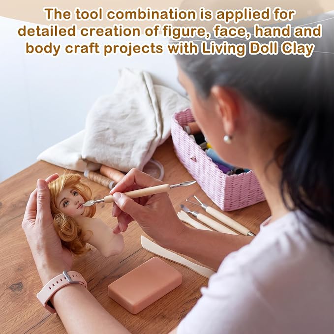 Thenshop 2.2 lb Living Doll Clay Kit Include Beige Polymer Clay and 11 Sculpting Tools Accessories for Bjd Reborn Doll Sculpting, DIY Figure Face Hand & Body Craft