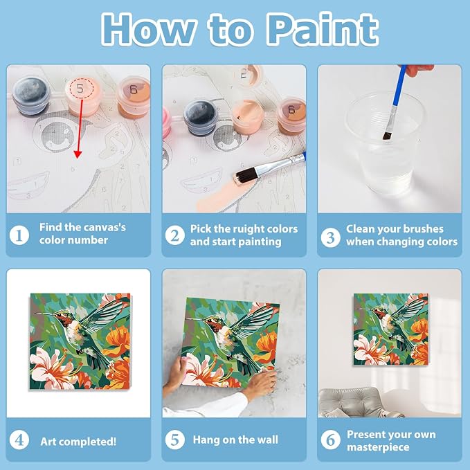 Hummingbird Paint by Numbers Kit for Adults, Paint by Numbers 10x10 Inch | Framed Paint by Numbers with Easel, Acrylic Painting by Numbers, DIY Arts and Crafts for Gifts or Home Decor