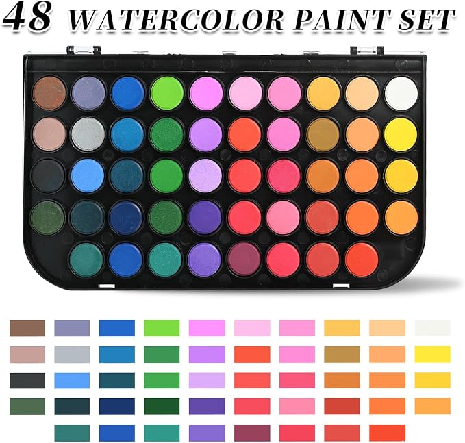 GETHPEN 48 Colors Watercolor Paint Set with 4 Brushes Pen, Travel Design | Washable Watercolor Kit with palette, 3 Brushes 1 Watercolor Brush Pens,Detachable Palette, Adults Students Artists