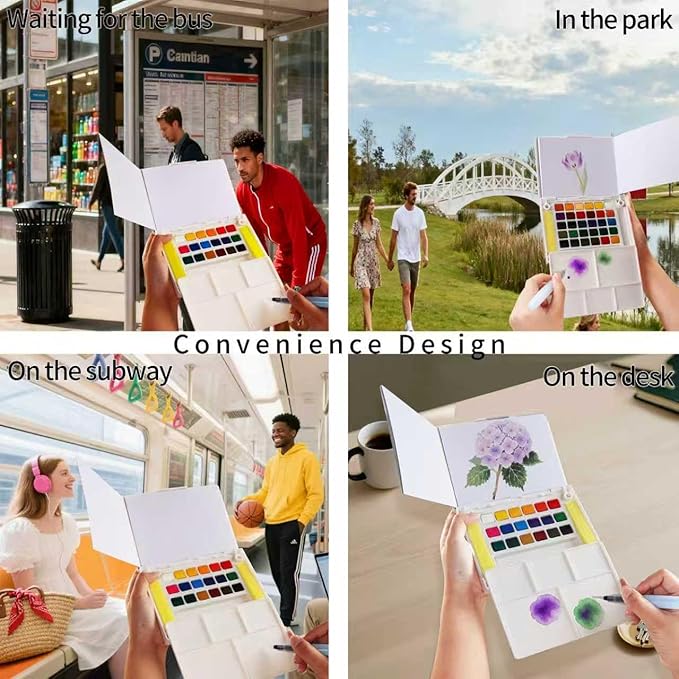 Portable Watercolor Paint Set - 30 Colors Travel Watercolor Kit with Water Brush, 24 Sheets Watercolor Paper, Online Tutorial - Compact Graspable Watercolor Painting Set for Beginners, Artists, Hobbyists, Outdoor Painting