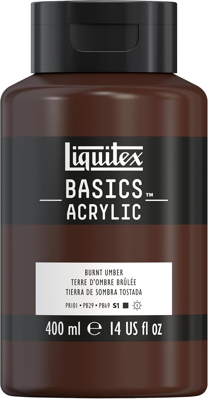 Liquitex BASICS Acrylic Paint, 13.5-oz Bottle, Burnt Umber | Medium Viscosity, Satin Finish, Lightfast, Fine Art Pigments, Range of Opacities, Easy Blending