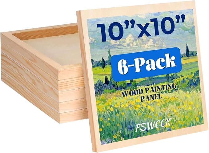 FSWCCK 6 Pack 10 x 10’’ Wooden Panel Boards, 0.79’’ Deep Unfinished Wood Canvas Panels for Crafts, Painting Canvas, DIY Art Projects, Pouring Arts