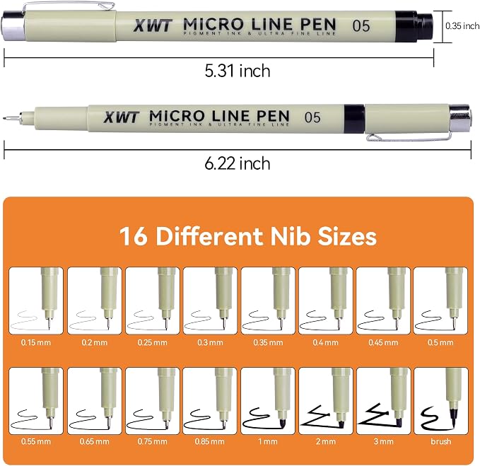 16Pcs Fineliner Micro Drawing Art Pens Set | Black Waterproof Pigment Ink Set for Artists, Sketching, Manga, Watercolor, Calligraphy, and Detail Outlining Inking Markers