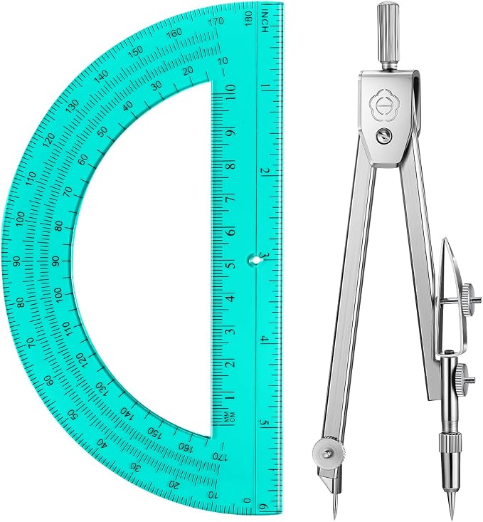 EBOOT Drawing Compass and 6 in Protractor Geometry Set, Turquoise | Geometry Math Set, Swing Arm Protractor Ruler Compass, Geometry Drawing Tools for Measuring Angles