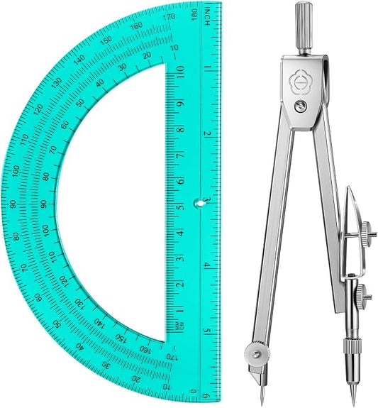 EBOOT Drawing Compass and 6 in Protractor Geometry Set, Turquoise | Geometry Math Set, Swing Arm Protractor Ruler Compass, Geometry Drawing Tools for Measuring Angles