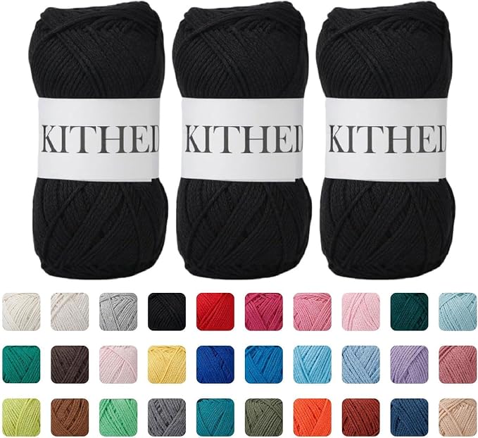 Cotton Yarn，50% Cotton 50% Polyester-10.5oz，526yard，3 Pack ，Soft Yarn for Crocheting and Knitting (04 Black)