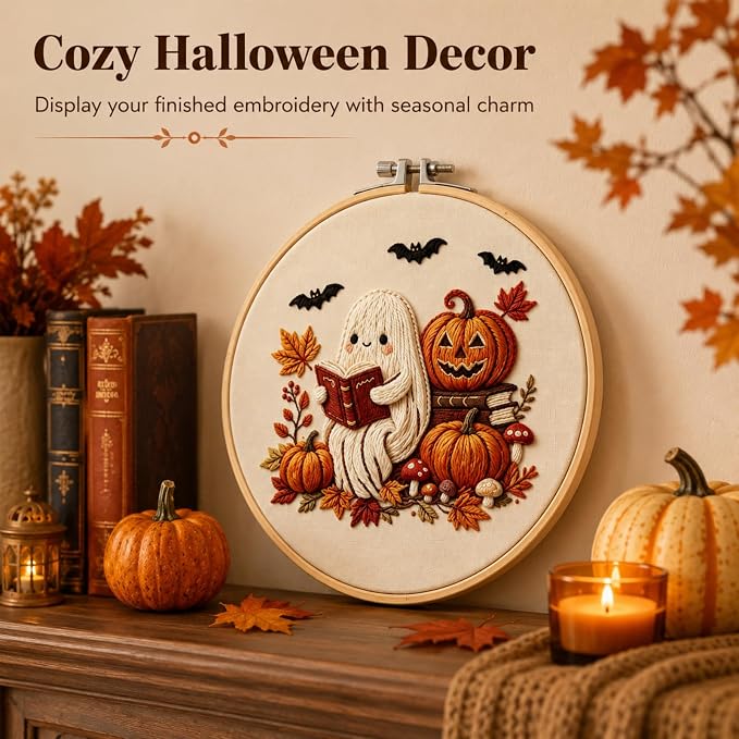 YOUDRN Halloween Ghost Reading Book Embroidery Kit for Beginners Adults