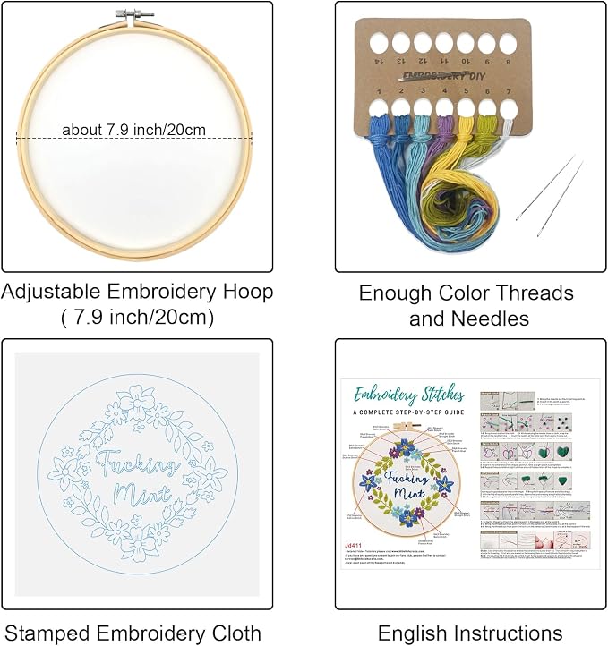 Louise Maelys Funny Flower Wreath Embroidery Kit for Beginners and Adults | DIY Needlepoint Kit with Pre-Printed Fabric, Hoop, Threads, Needles and Guide. Cross Stitch Kits for Floral Crafts