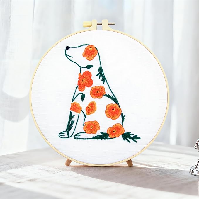 Crafmanoe Flowers Dog Embroidery Kits for Beginners Adults, Hand Embroidery Starter Kits, Stamped Cross Stitch Kits DIY Needlepoint Kit for Beginners Adults, Embroidery Hoop, Thread and Video Tutorial
